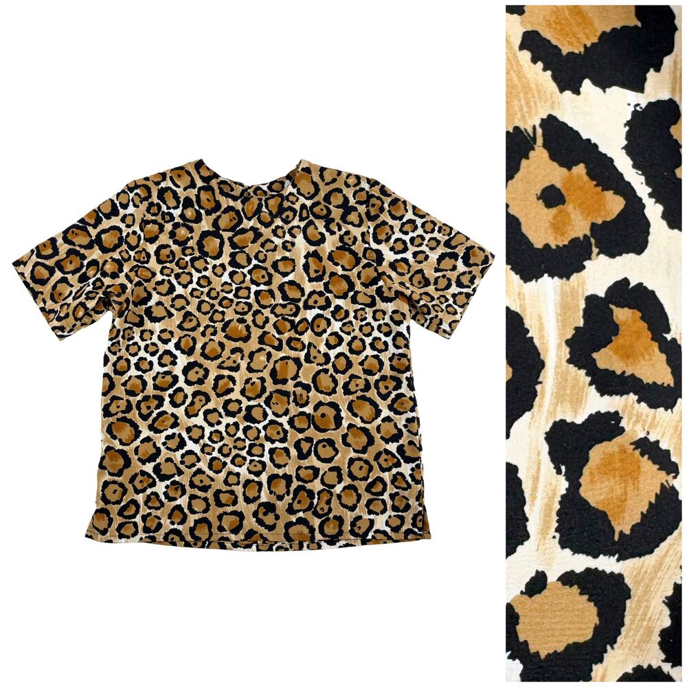VTG 80s 90s Short Sleeve Leopard Print Blouse Top Women S Shoulder Pads Boxy EUC